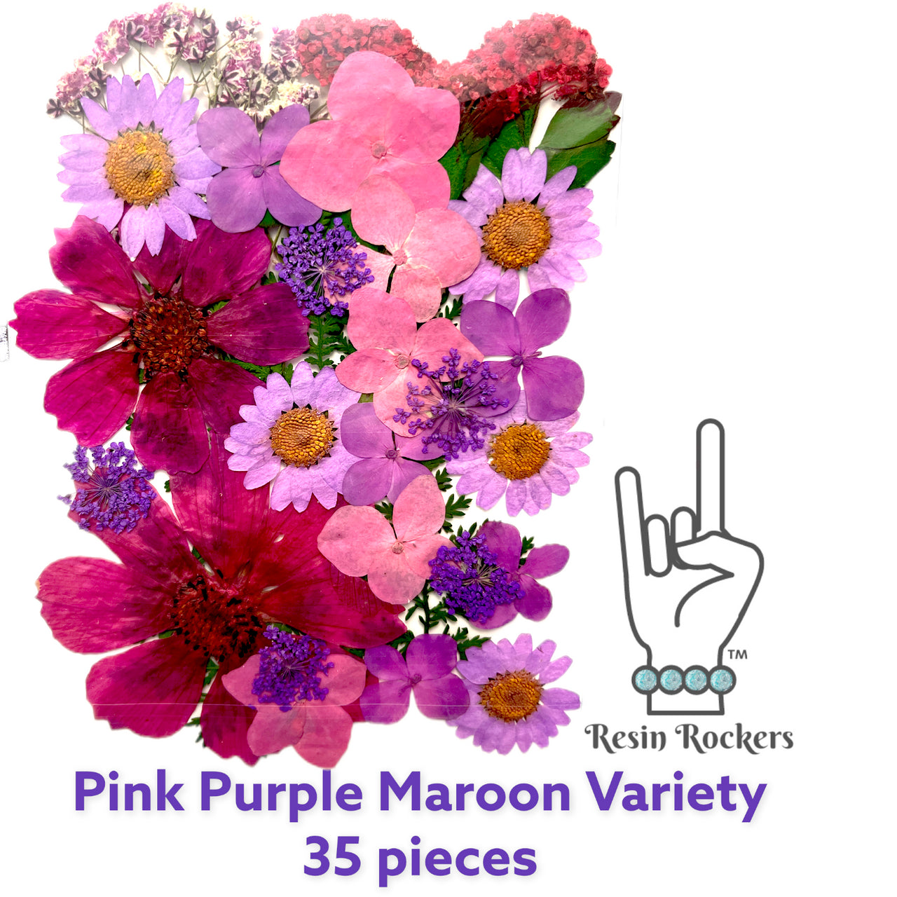 35 Piece Pink Purple Maroon Variety Dried Pressed Real Natural Flowers For Epoxy & UV Resin Art