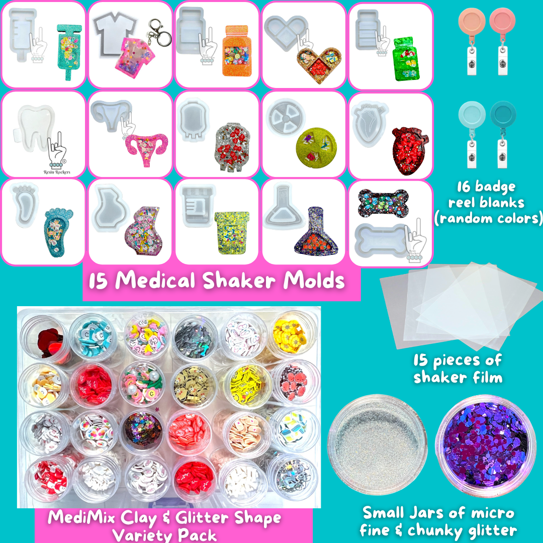 Medical Shaker Badge Reel Mold Bundle Starter Kit with MediMix Pack Polymer Clay and Glitter Shape Kit, Glitter, Shaker Film, and 15 Shaker Molds
