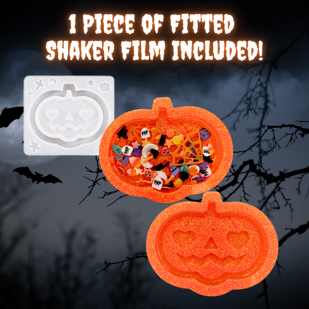 Heart Eyed Pumpkin Halloween Shaker Mold with Fitted Shaker Film for UV and Epoxy Resin Art