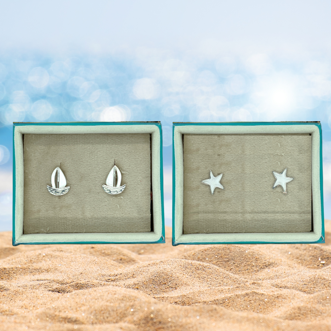 Starfish &amp; Sailboard 925 Sterling Silver Stud Earring Ocean Bundle Blanks Keepsake For UV and Epoxy Resin with FREE Gift Boxes