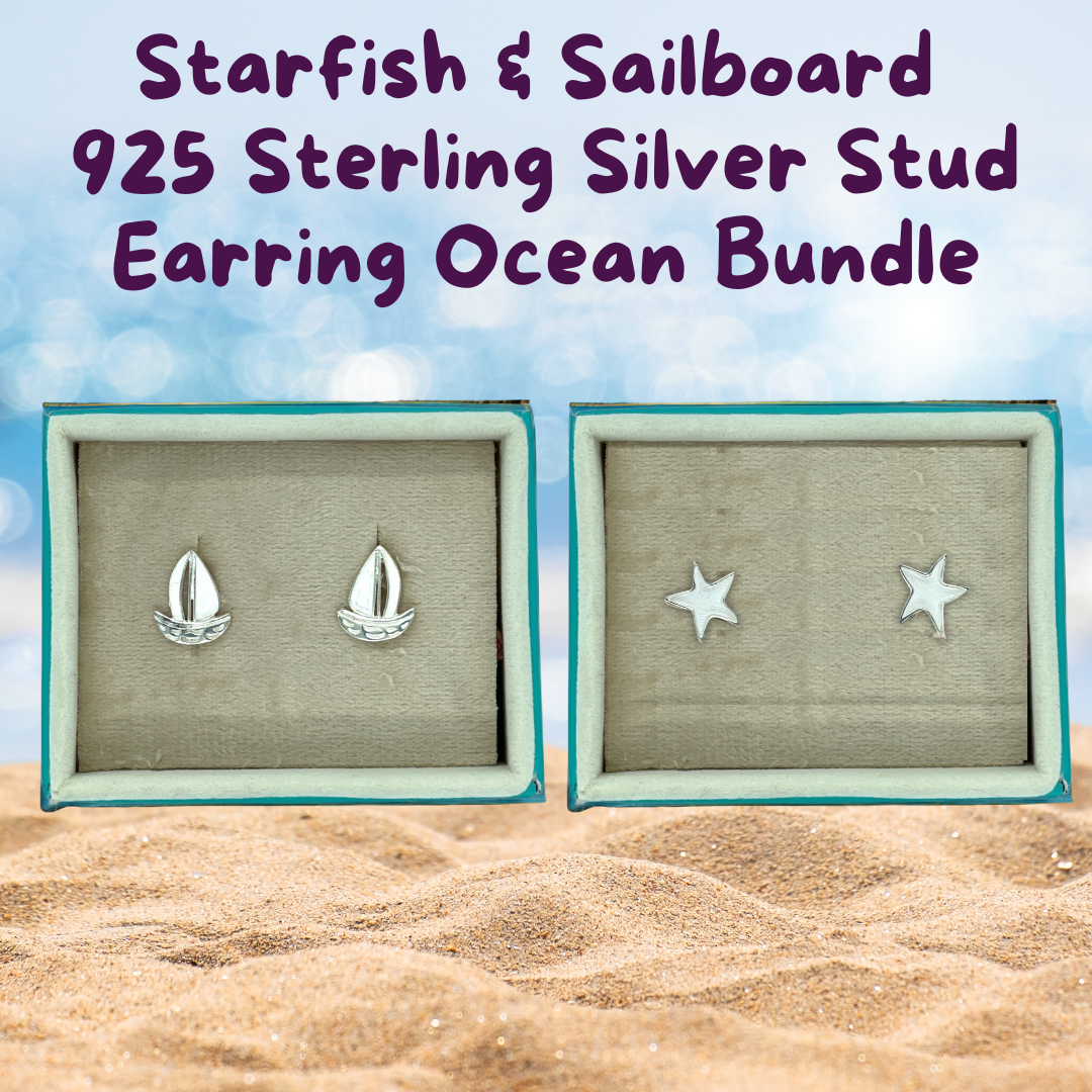 Starfish &amp; Sailboard 925 Sterling Silver Stud Earring Ocean Bundle Blanks Keepsake For UV and Epoxy Resin with FREE Gift Boxes