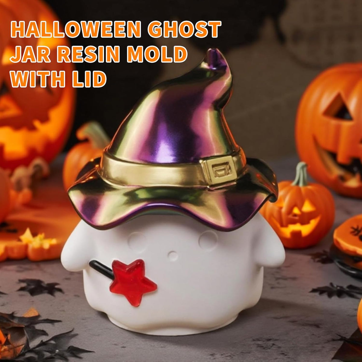 Ghost with Witch Hat Trinket Container Jar With Lid Mold