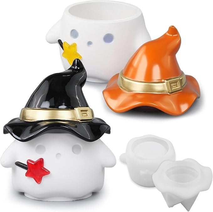 Ghost with Witch Hat Trinket Container Jar With Lid Mold