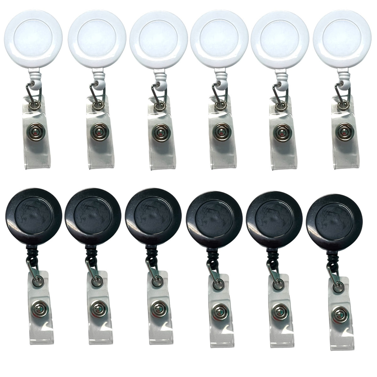 Black and White Badge Reel Blank Bundle of 12 with Alligator Clips and Button Snaps