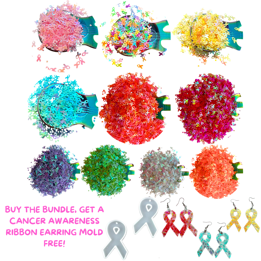 Cancer Awareness Ribbons With Confetti Holographic Glitter Shape BUNDLE for Epoxy and UV Resin Art