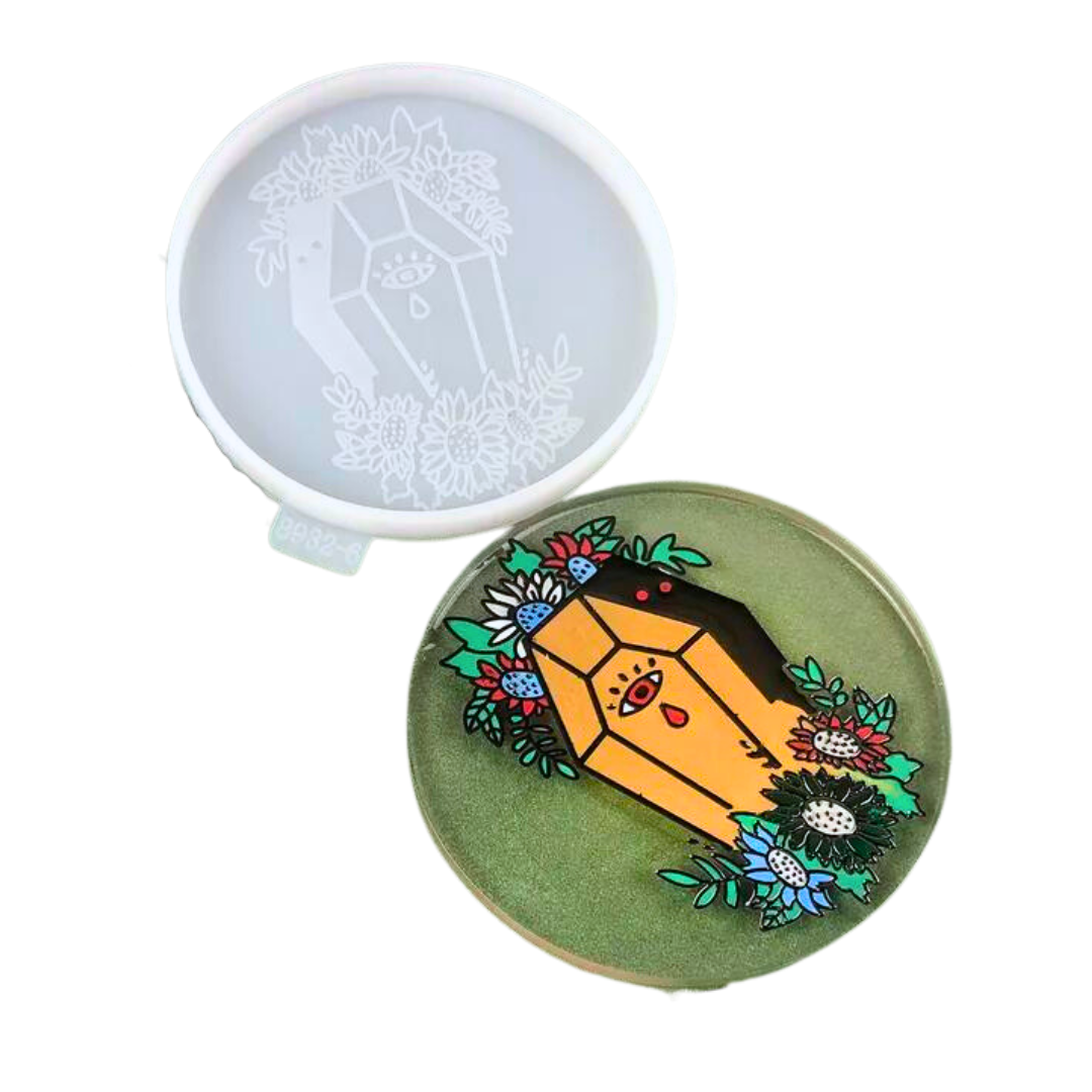 Coffin With Crying Eye and Flowers Halloween Round Coaster Mold for Epoxy Resin Art
