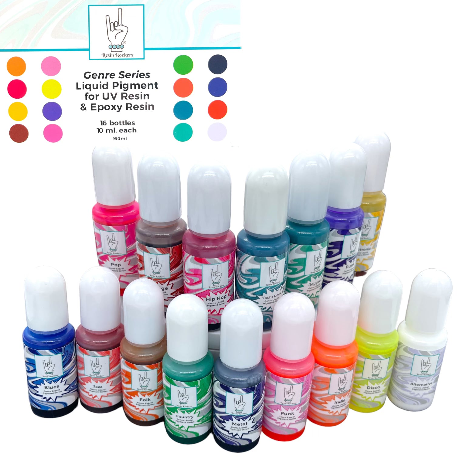 Genre Liquid Pigment Kit For UV Resin and Epoxy Resin 16 Colors 10g Bottles