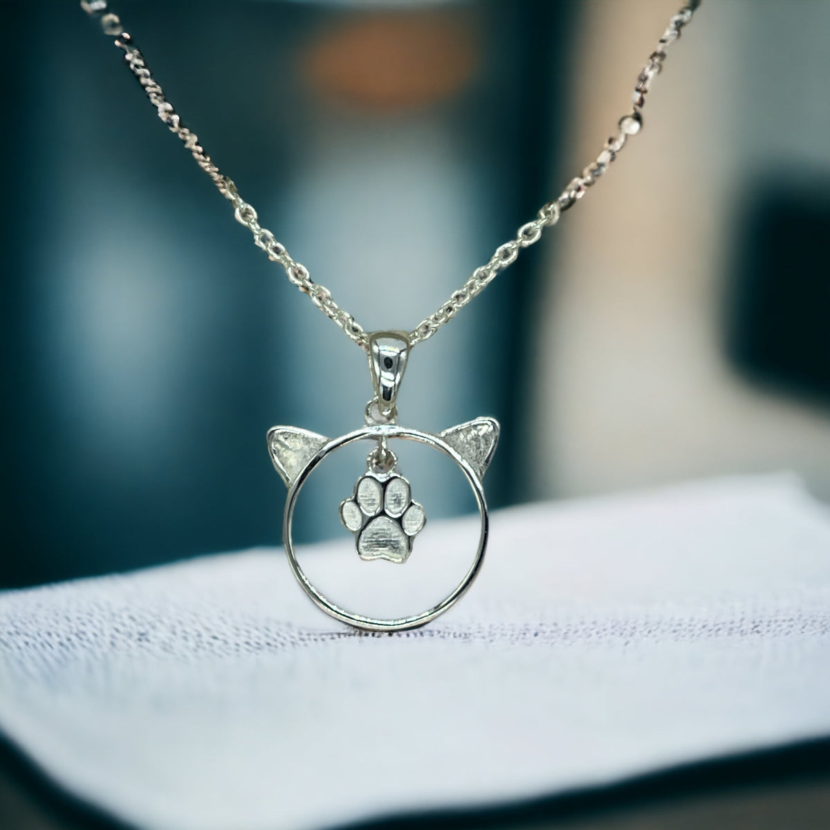 Cat With Paw 925 Sterling Silver Bezel Blank With Chain Keepsake For UV and Epoxy Resin with FREE Gift Box