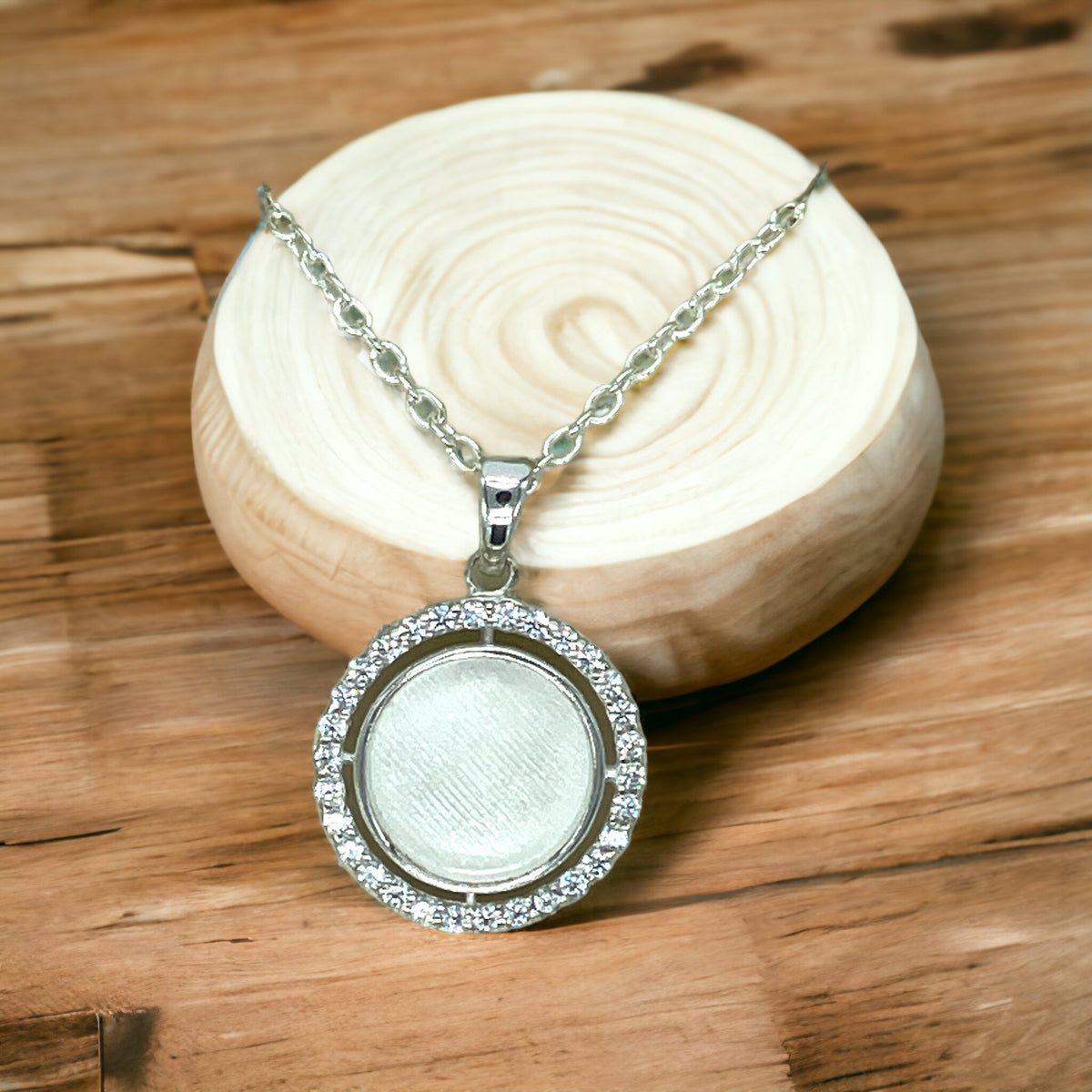 Circle With Zircon Halo 925 Sterling Silver Bezel Blank With Chain Keepsake For UV and Epoxy Resin with FREE Gift Box