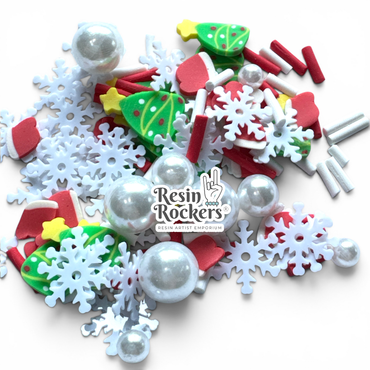 Christmas Snow Santa Hats and Pearls Polymer Clay Piece Mix