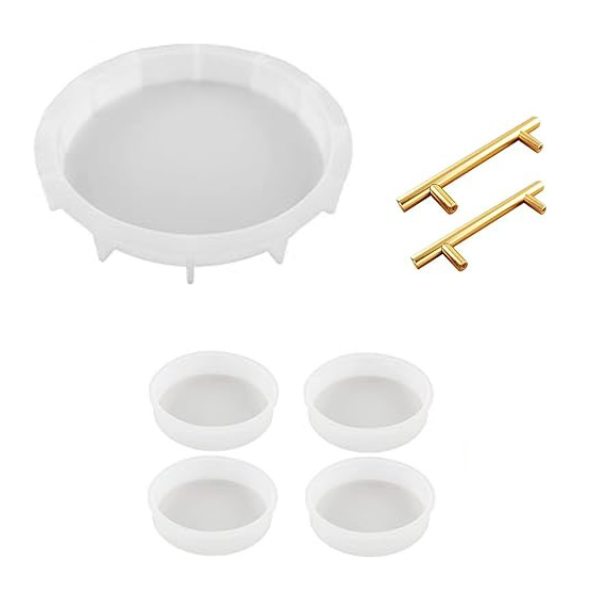 Deep Large Round Silicone Tray Mold Set and Handle Hardware with 4pcs Coasters for Epoxy Resin Art