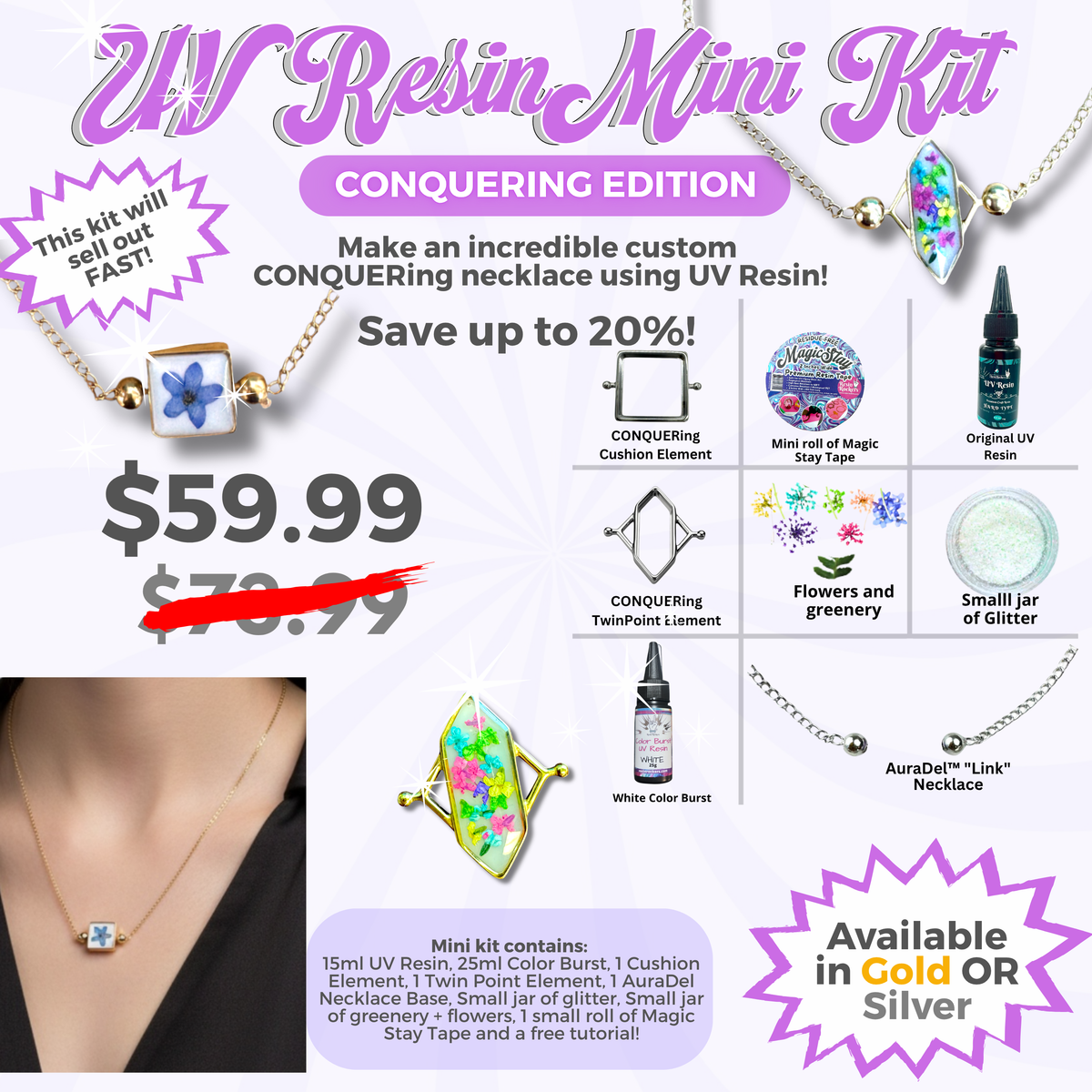 Auradel Interchangeable Necklace UV Resin Mini Kit CONQUERING Silver or Gold