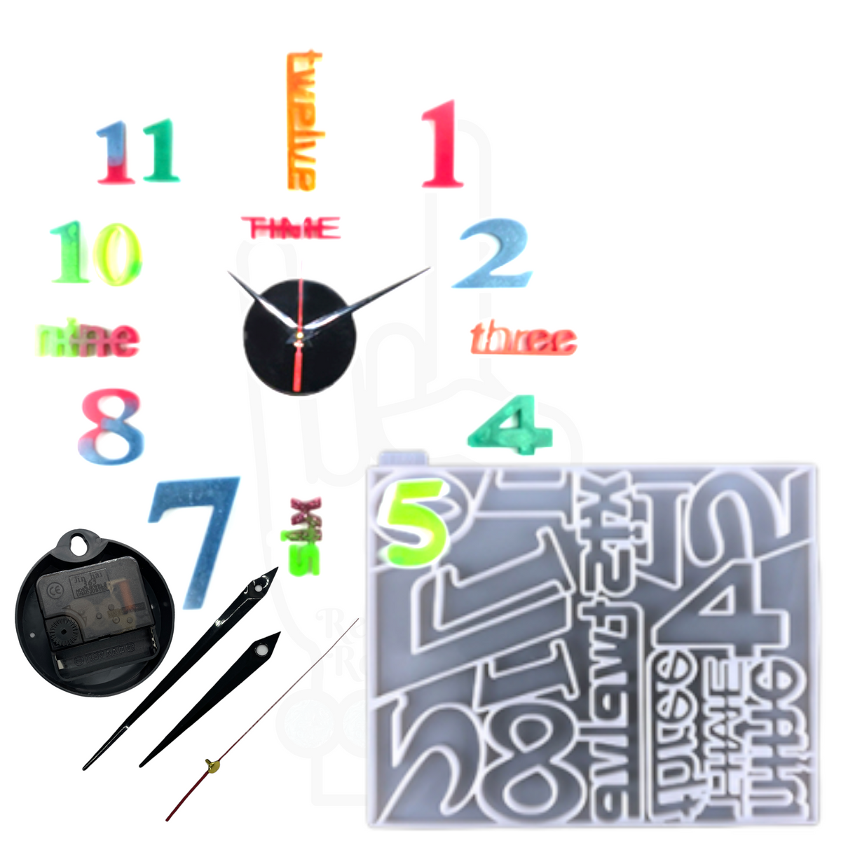 UV Safe Modern Clock 4 Piece Set with Mechanical Parts Silicone Mold for Epoxy Resin Art