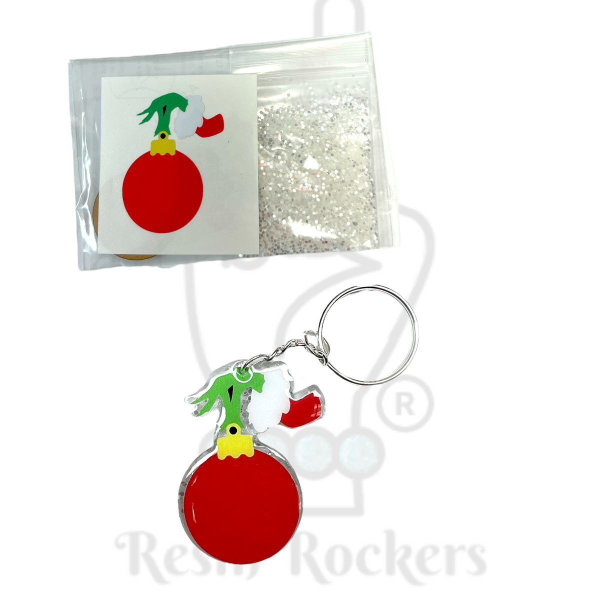 Grinchy Inspired Hand With Ornament Acrylic Blank With Decal Keychain Kit