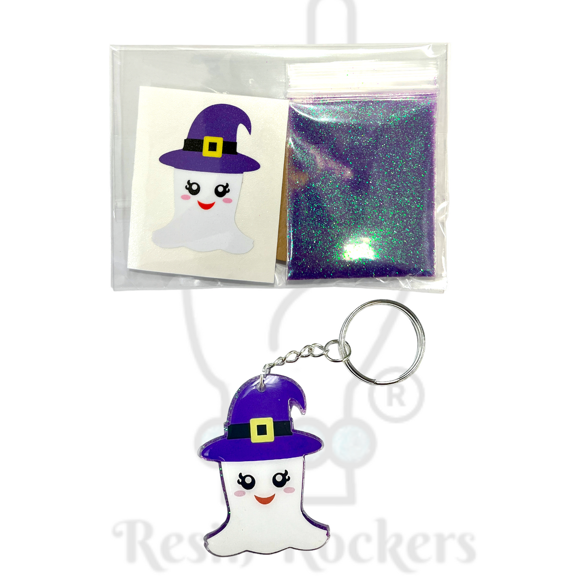 Girly Ghost With Witch Hat Acrylic Blank With Decal Keychain Kit
