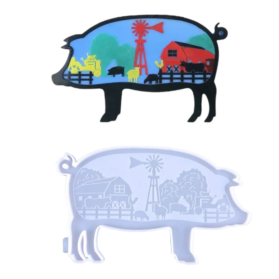 Pig With Farm Scene Decor or Tray Mold for Epoxy Resin Art