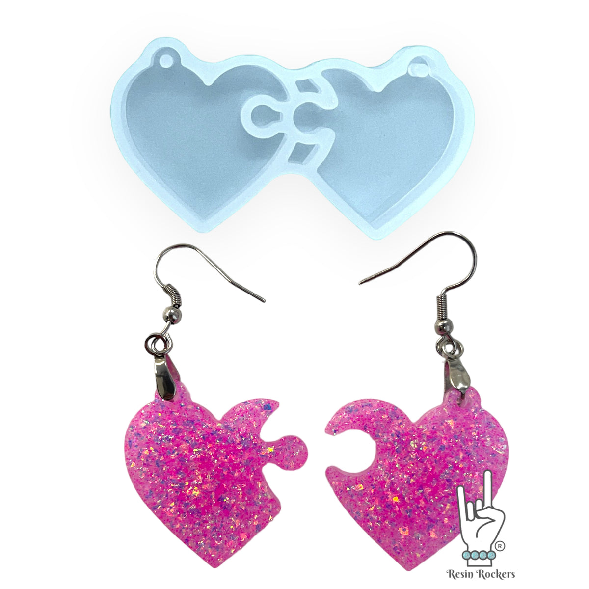 BFF 2 Heart Puzzle Dangle Earring Keychain or Necklace Mold for UV Resin and Epoxy Resin
