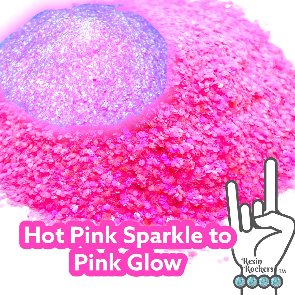 Glamour and Hot Pink Sparkle to Pink Glow in the Dark Pixie for Poxy Medium Chunky Glitter Mix