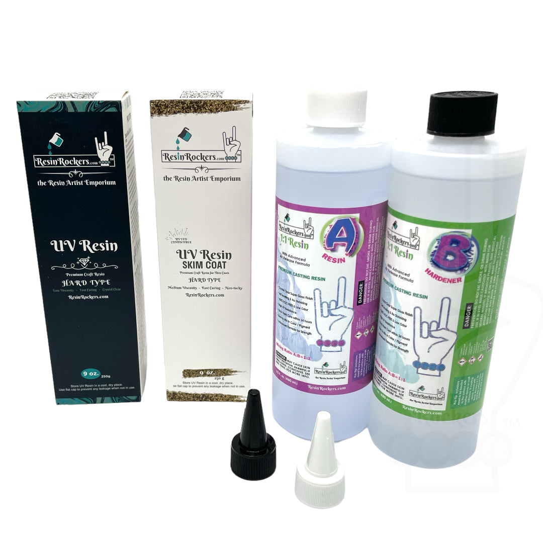 Resin Rockers Resin Trifecta 1:1 Epoxy with UV Original & UV Skim Coat Resin Kits + Bonus Caps