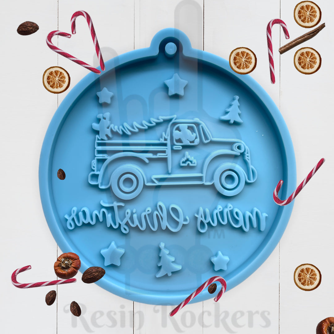 Merry Christmas Old Time Truck Ornament Silicone Mold for Epoxy Resin Art