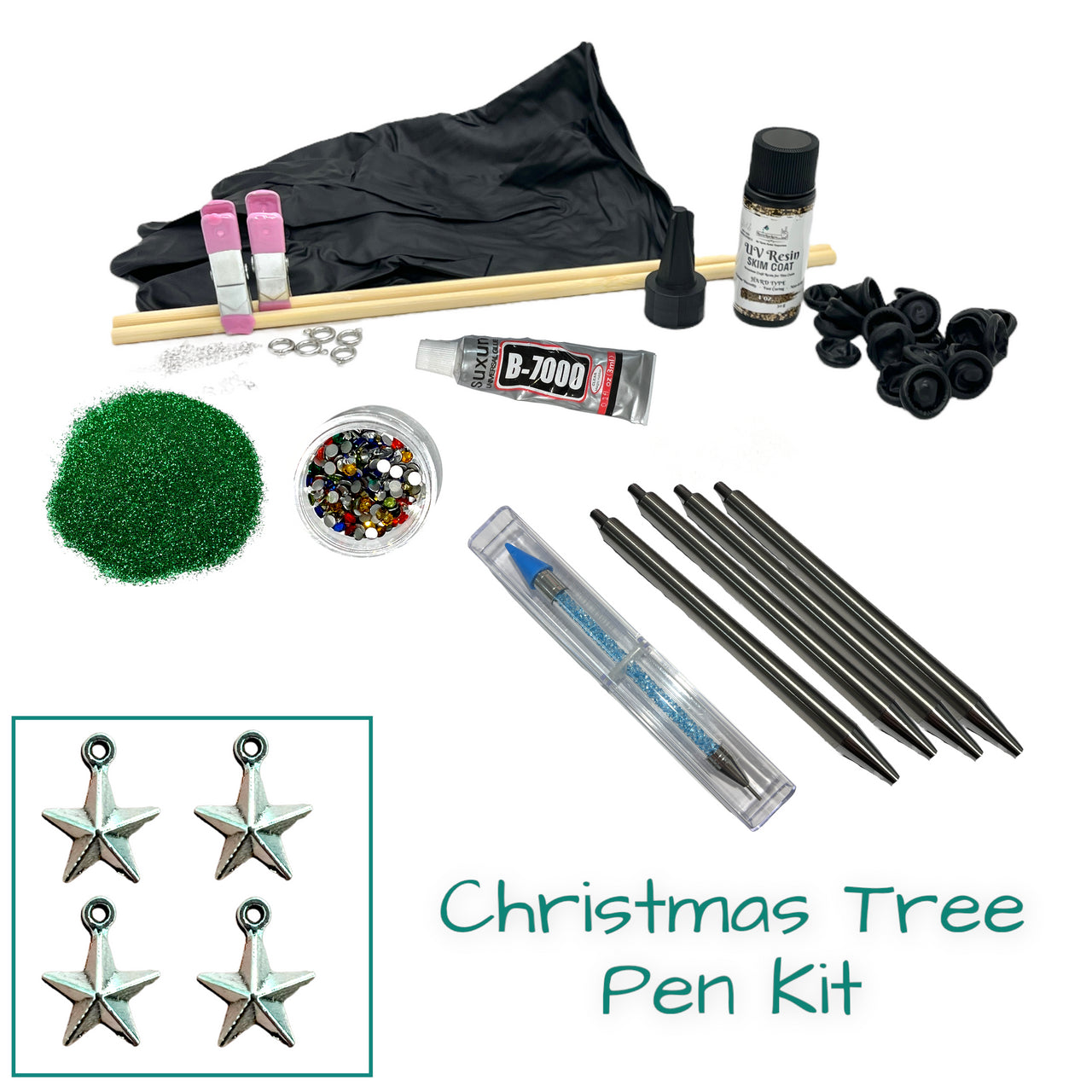 Christmas Tree Glitter Pen Starter Kits with UV Resin Skim Coat, Rhinestones, and Charms