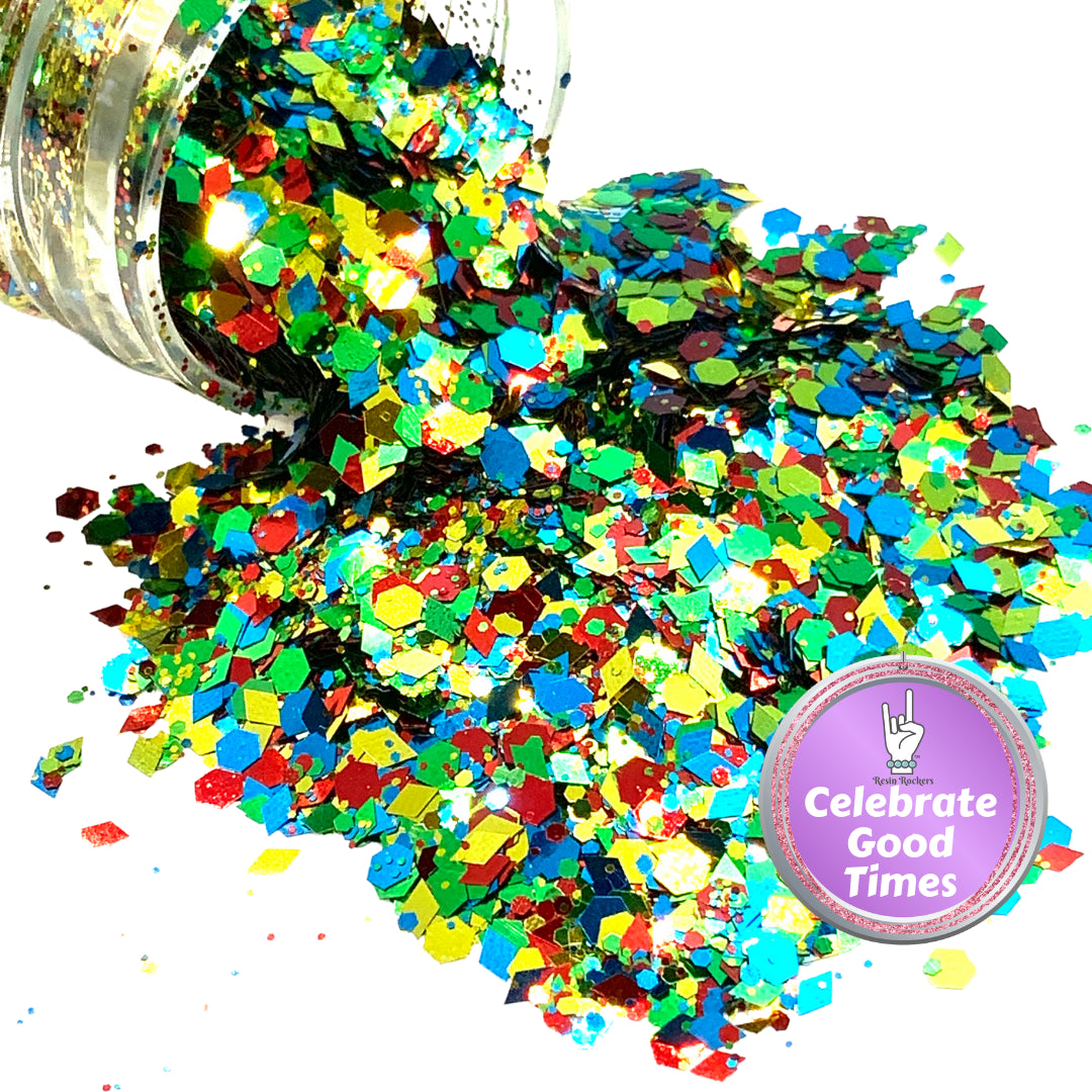 Celebrate Good Times Green Red Blue Yellow Pixie for Poxy Chunky Glitter Mix