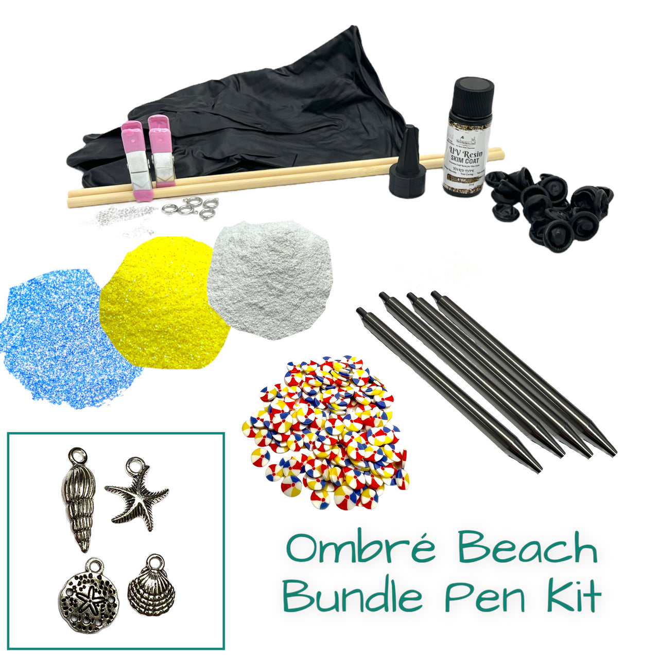 Ombre Beach Glitter Pen Starter Kits with UV Resin Skim Coat & Charms