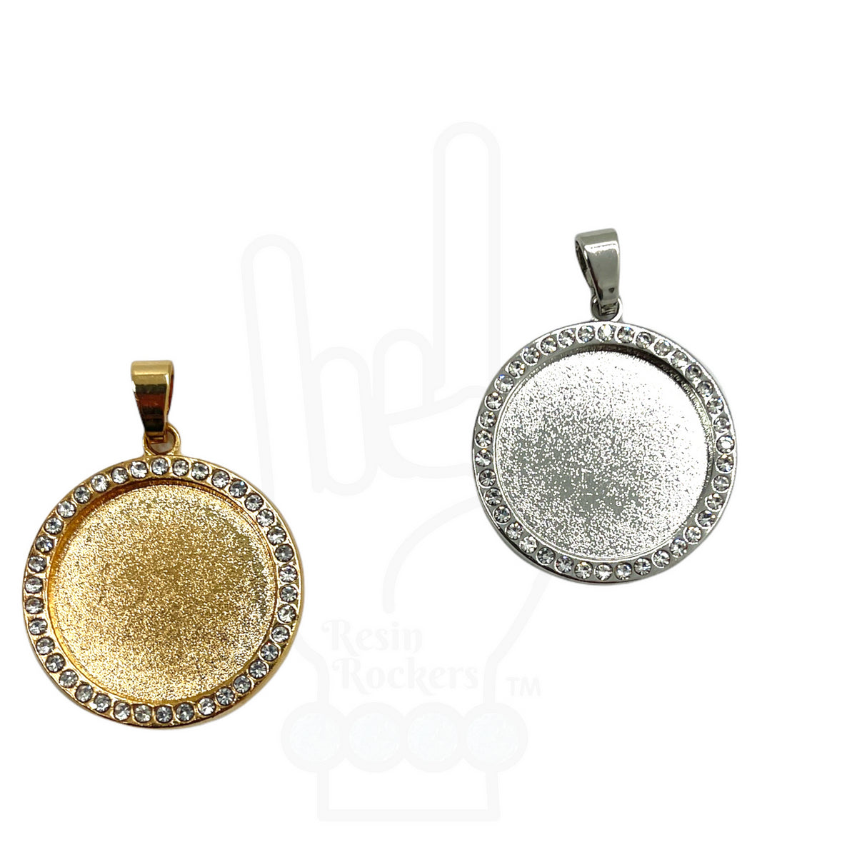 20mm Round Bezel with Rhinestones &amp; Pinch Clips Pendant Blank for UV or Epoxy Resin