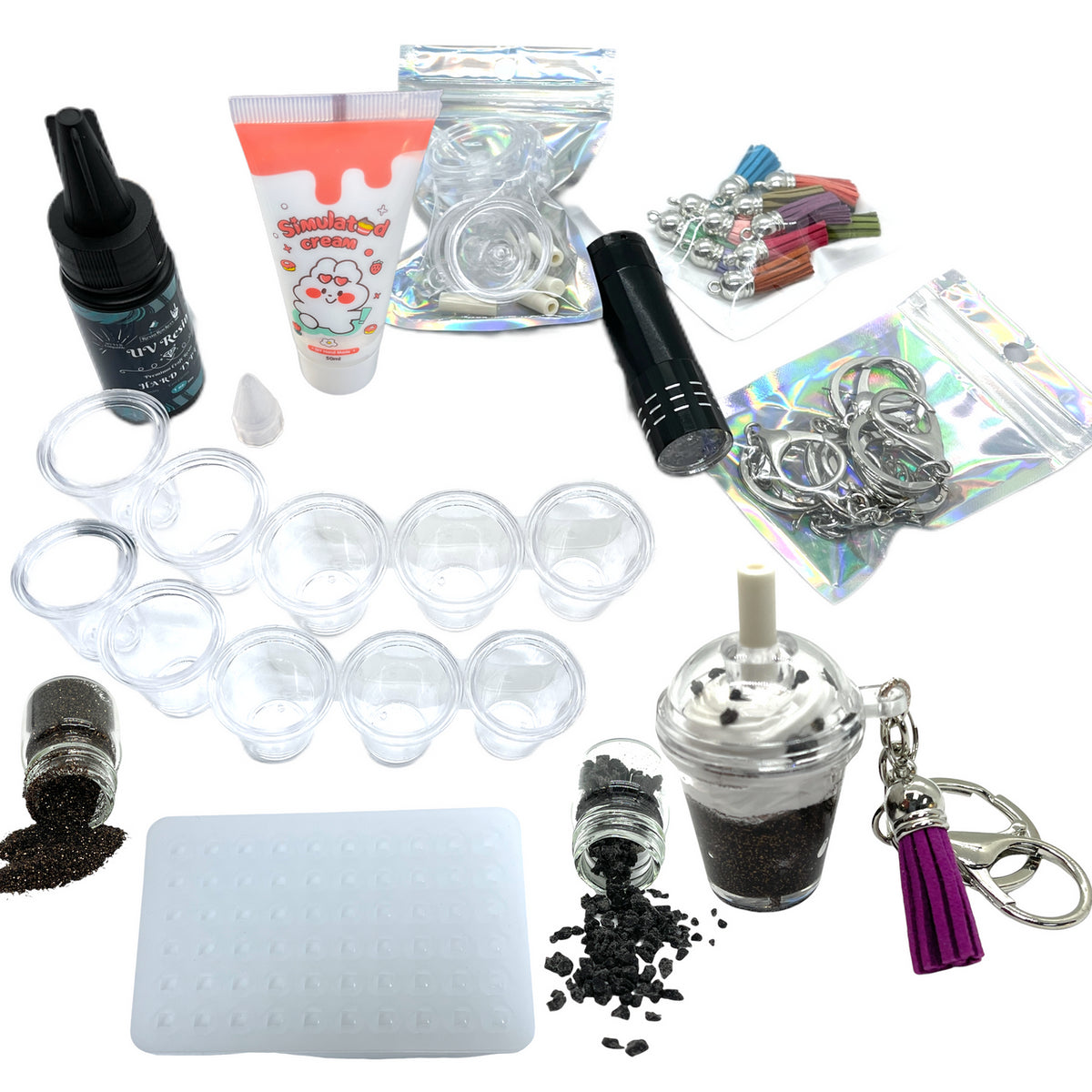 Domed Lid Coffee Beverage Keychain Accessory Starter Kit with Ice Cube Mold and UV Resin - Makes 10!