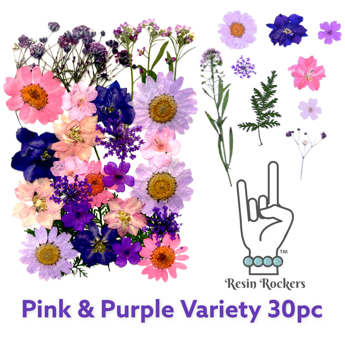 30 Piece Pink &amp; Purple Variety Dried Pressed Real Natural Flowers For Epoxy &amp; UV Resin Art