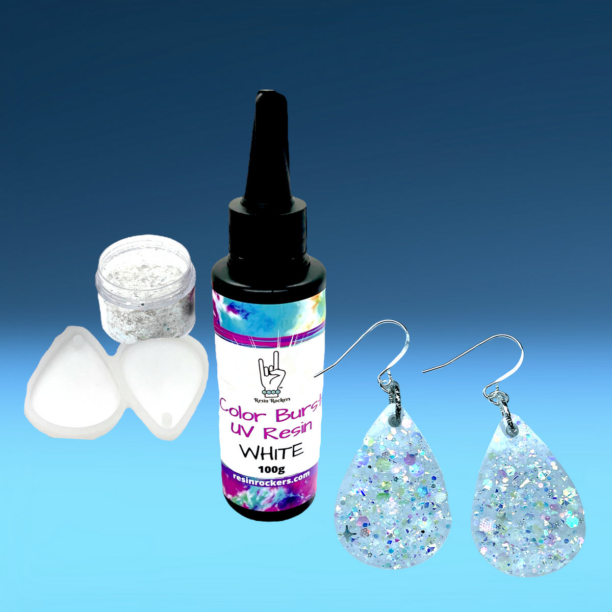 White Color Burst UV Resin Earring Bundle With Mold and Glitter