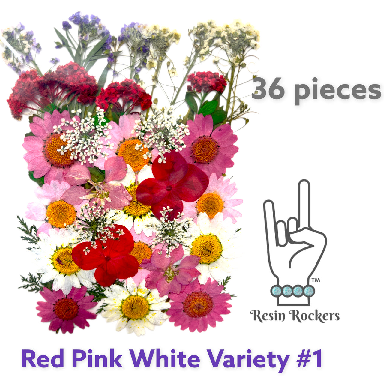 36 Piece Red Pink White Variety #1 Dried Pressed Real Natural Flowers For Epoxy & UV Resin Art