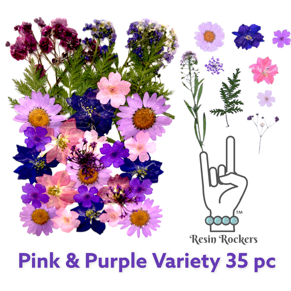 35 Piece Pink &amp; Purple Variety Dried Pressed Real Natural Flowers For Epoxy &amp; UV Resin Art
