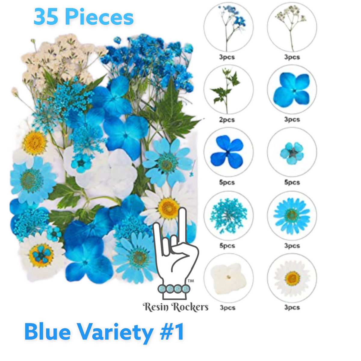 35 Piece Blue Variety Dried Pressed Real Natural Flowers For Epoxy &amp; UV Resin Art