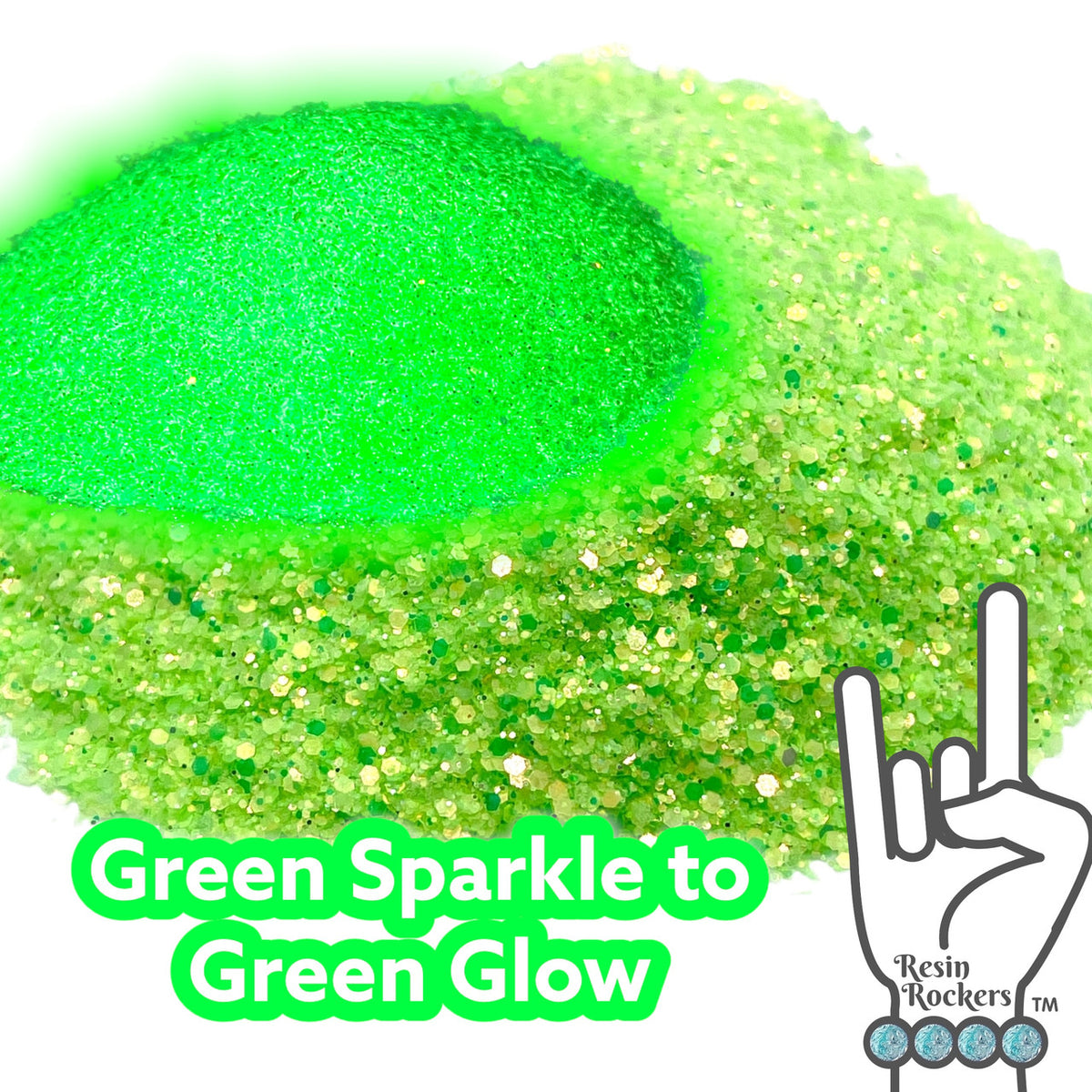 Glamour and Green Sparkle to Green Glow in the Dark Pixie for Poxy Medium Chunky Glitter Mix