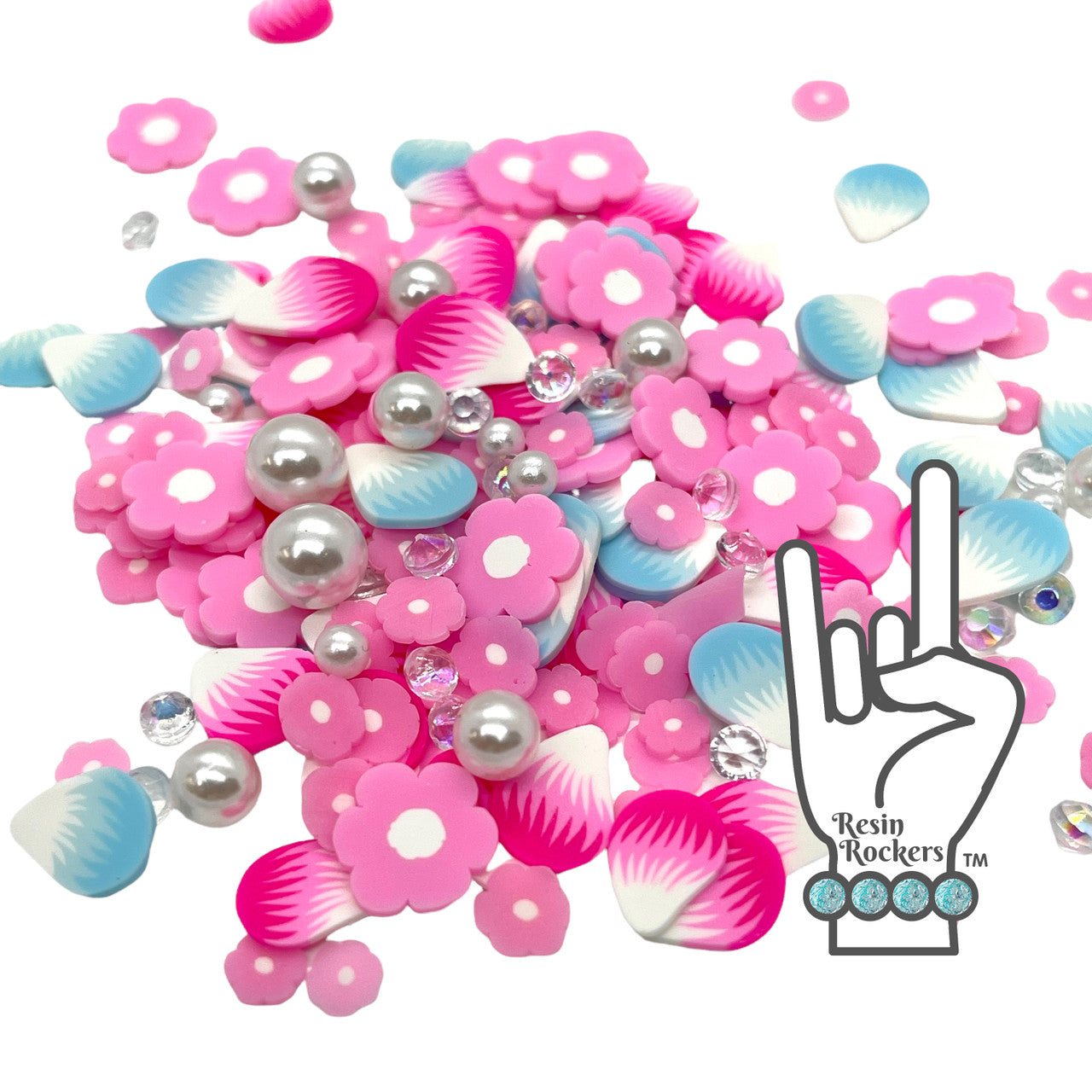 Blue & Pink Peacock Feathers and Flower Mega Mix Polymer Clay Snow Globe and Shaker Filler