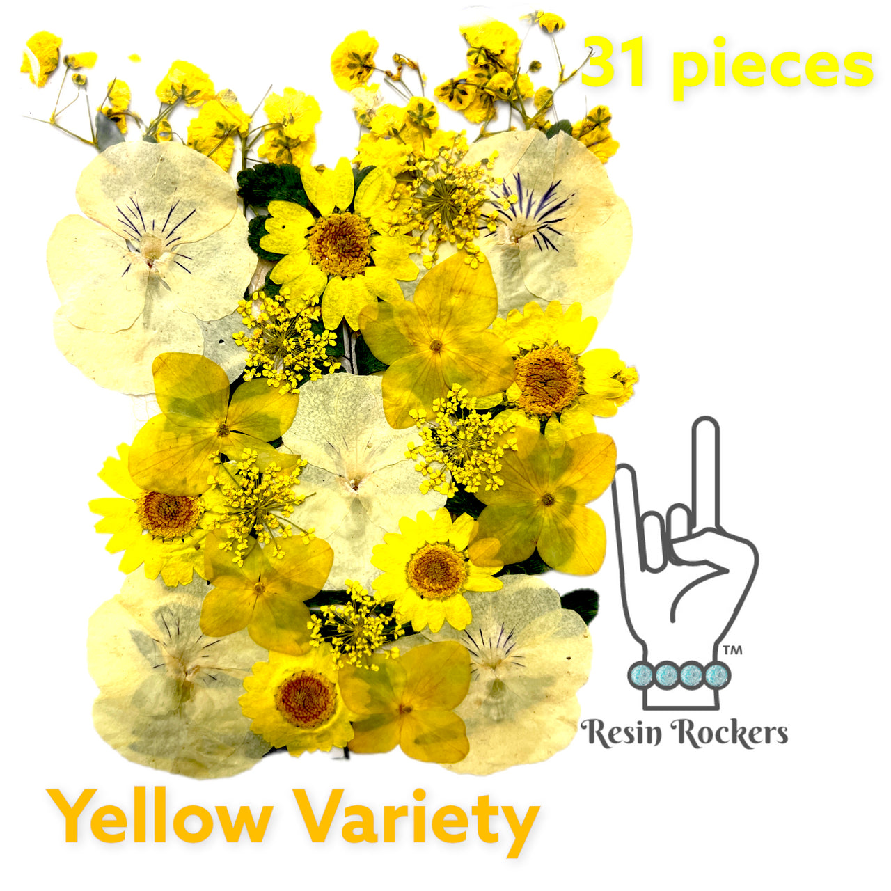 31 Piece Yellow Variety Dried Pressed Real Natural Flowers For Epoxy & UV Resin Art