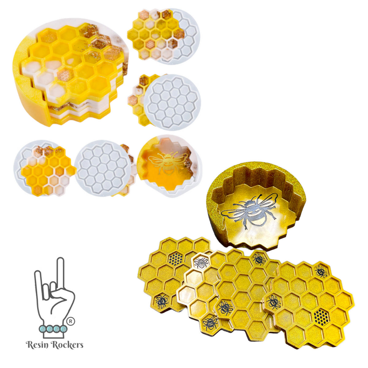 Save The Bees Honeycomb Coaster Mold 4pc Set with Holder and Feet for -  Resin Rockers
